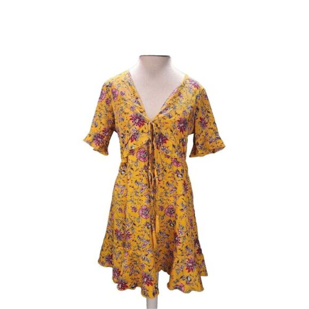 Boohoo Women's Mustard Yellow Floral Open Back  Mini Dress Size 10 Tassle‎ BOHO